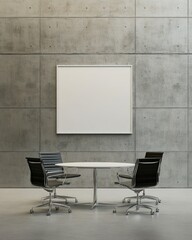 Modern office meeting room interior with white table chairs and a blank white board on a concrete wall