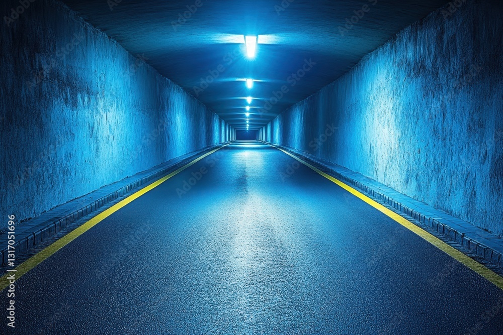 Poster eerie blue tunnel with glowing lights casting shadows on the textured walls creating a sense of dept