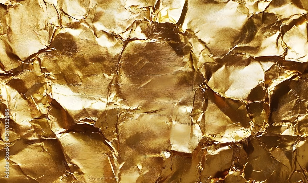 Poster crumpled golden foil texture creating a luxurious backdrop with intricate folds and reflections