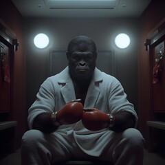 a gorilla in a boxing robe sitting in a locker room wrapping his fists before an intense fight