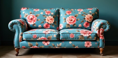 Faded blue floral print loveseat, antique wooden legs, loveseat, interior design, style