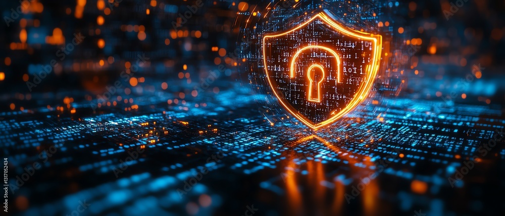 Aufkleber cyber defense concept glowing digital shield with a metallic lock, defending data streams against cy
