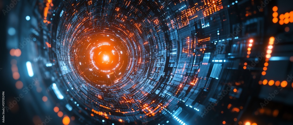 Poster cyber defense visualization digital shield and metallic lock protecting data from glowing binary str