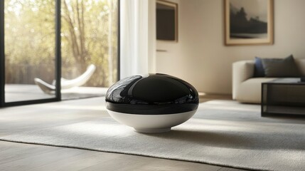 Sleek levitating bladeless air purifier modern home interior product photography contemporary living room aesthetic design