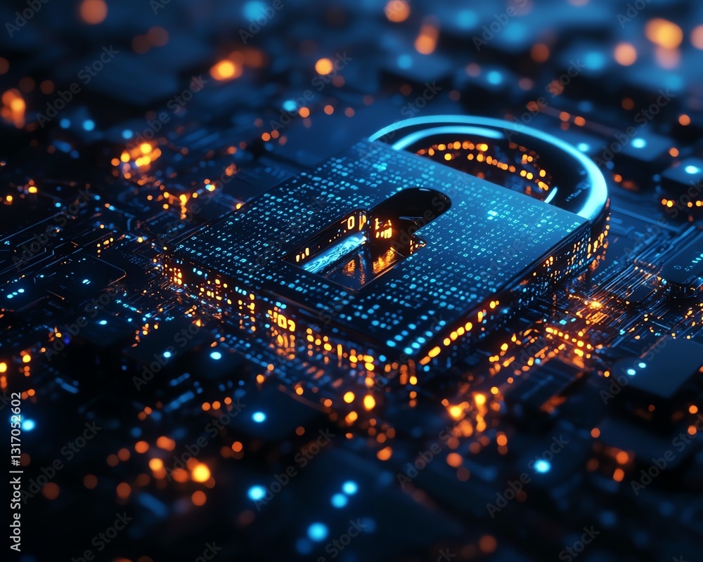 Poster cybersecurity defense digital shield with a glowing metallic lock, securing data streams against flo