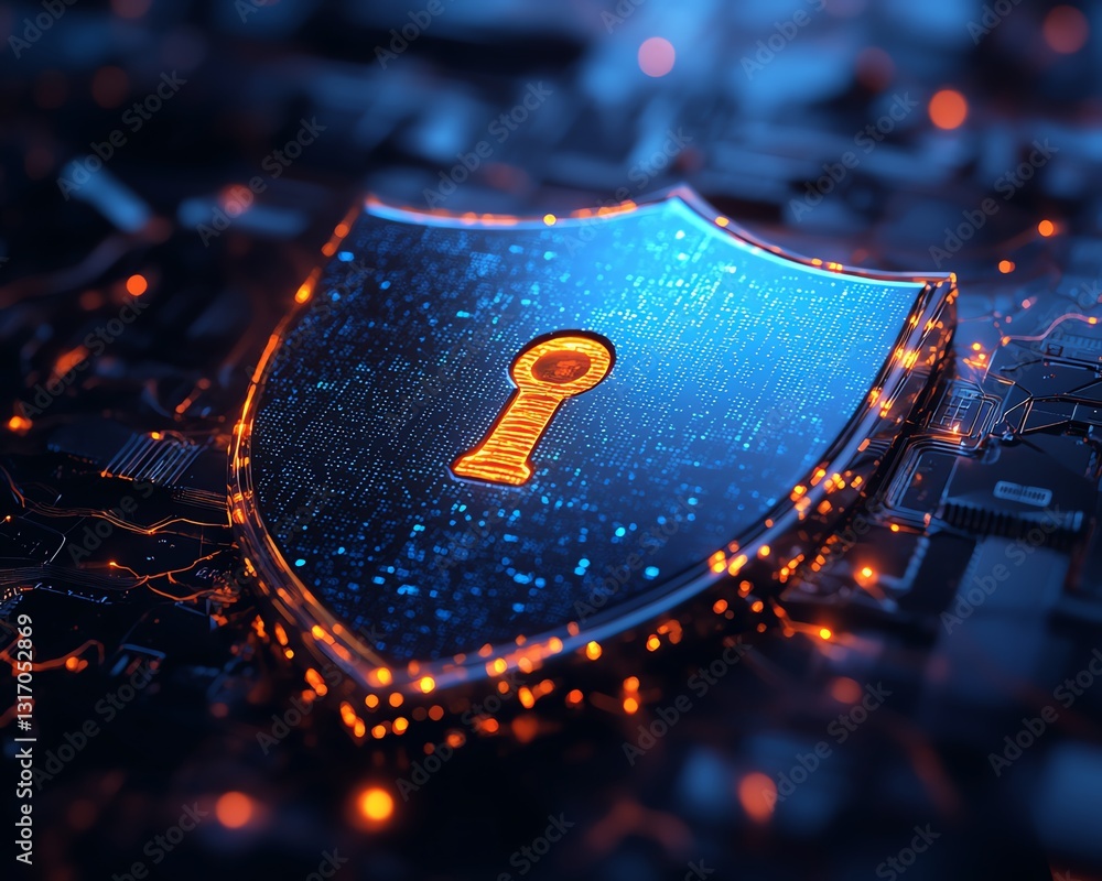 Poster cybersecurity protection glowing digital shield with a metallic lock, securing data from streaming b