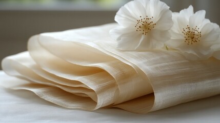 Elegant softly folded silk tablecloth with golden accents indoor setting textile photography luxurious atmosphere