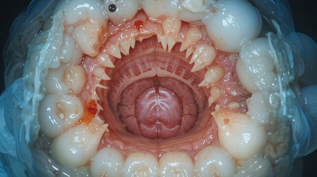 recess after complex impacted wisdom tooth extraction, traumatic healing. Dry socket, alveolitis, macro. Copy space for text