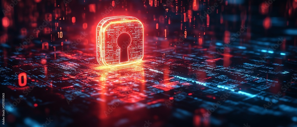 Poster digital lock within a glowing shield, protecting data from cyber threats, surrounded by floating bin