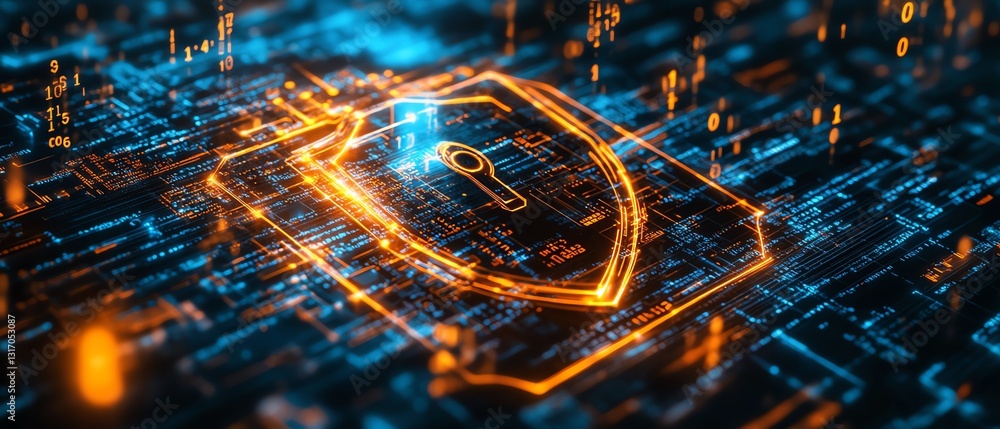 Poster digital lock within a glowing shield, protecting data from cyber threats, surrounded by floating bin