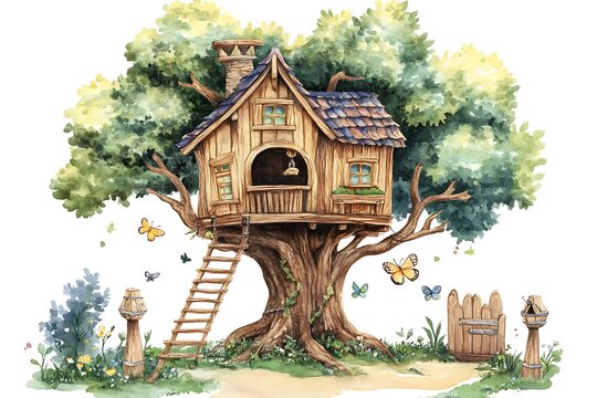 recommend clip art: Detailed cute treehouse in watercolor isolation
                    