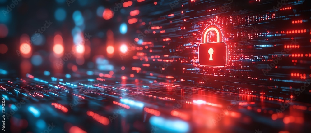 Poster digital security shield with a glowing lock, defending data against cyber attacks and binary code st