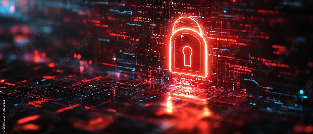 Poster digital security shield with a glowing lock, defending data against cyber attacks and binary code st
