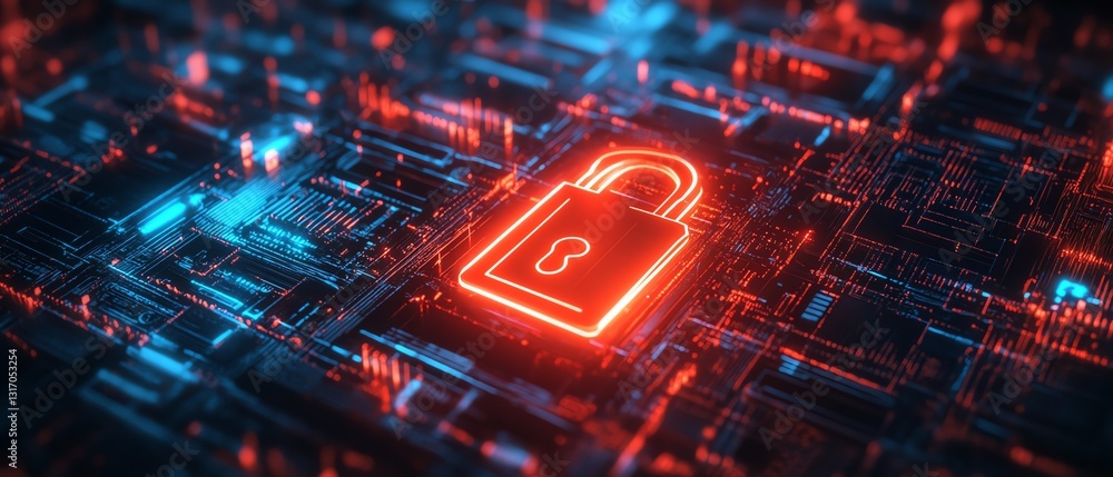 Poster digital security shield with a glowing lock, defending data against cyber attacks and binary code st