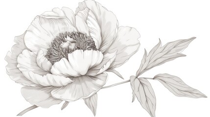 Beautiful Single Peony Flower Line Art Illustration on White Background