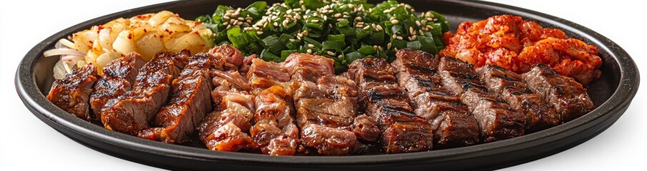 Grilled Meat Plate with Green Onions and Side Dishes on Black Platter