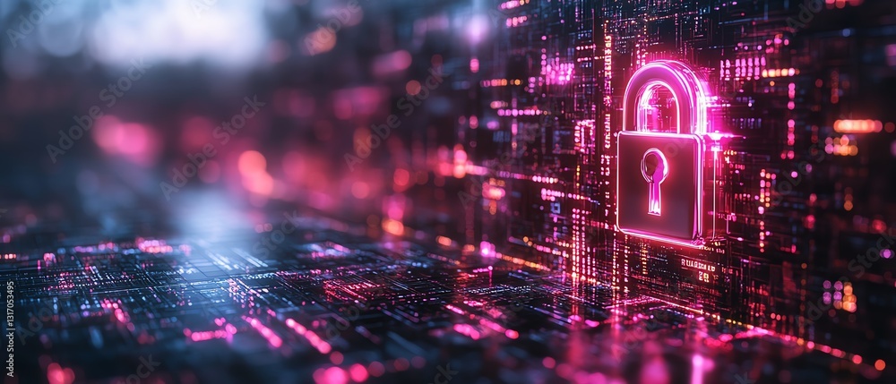 Poster digital shield with a metallic lock, guarding against cyber threats, protecting data flows and binar