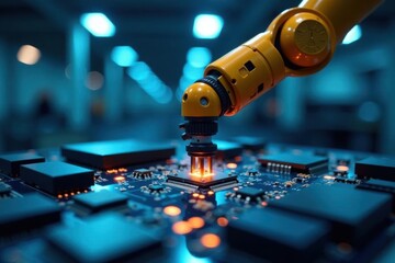 Robotic arm assembles circuit board Modern factory setting, cool blue lighting , manufacturing, electronics, high-tech
