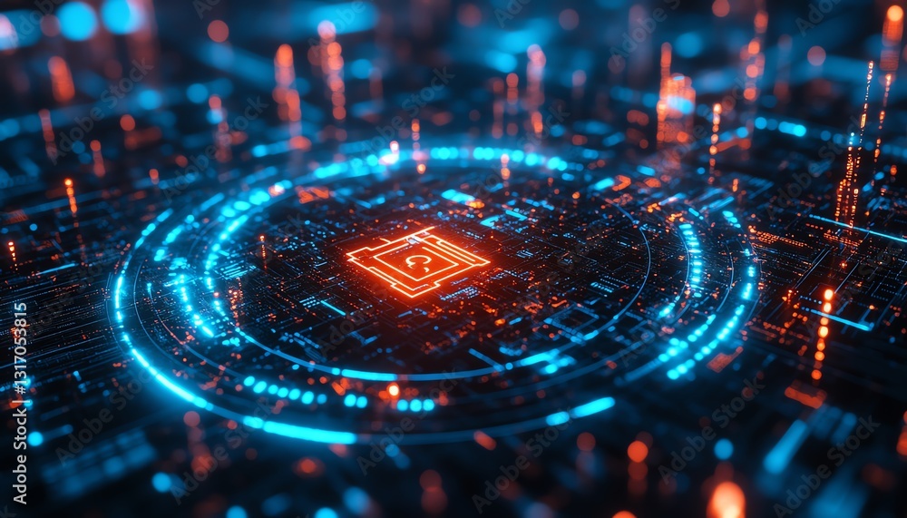 Poster futuristic digital lock and shield protecting data streams, surrounded by flowing binary code, repre