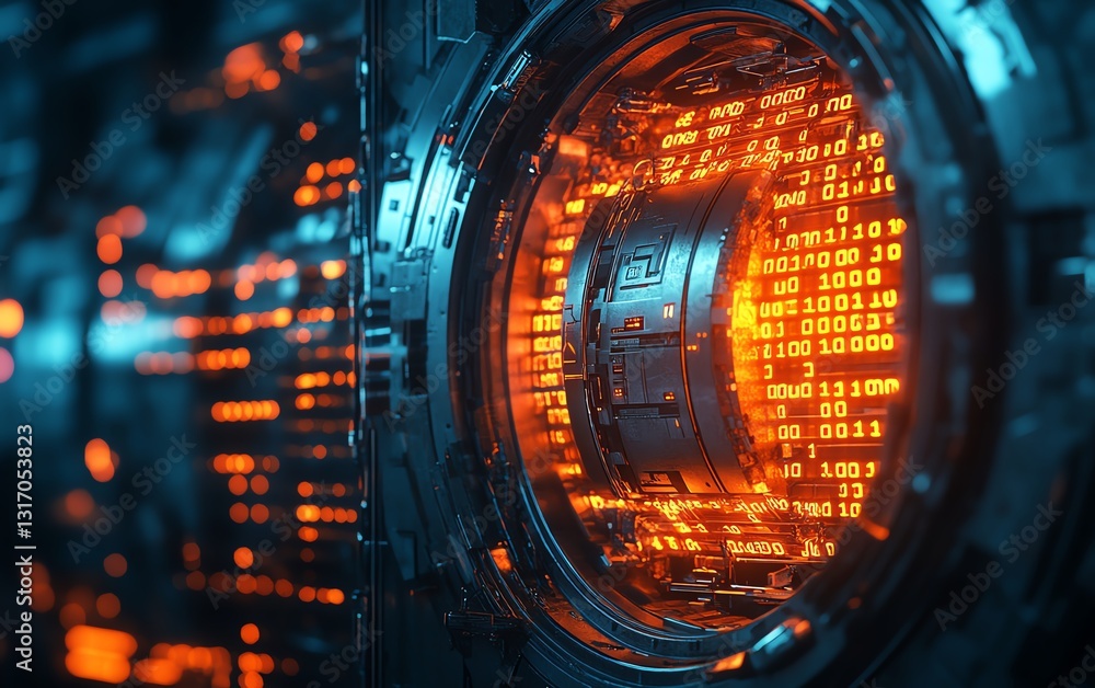 Poster futuristic metallic lock inside a digital shield, securing data streams with glowing binary code, vi