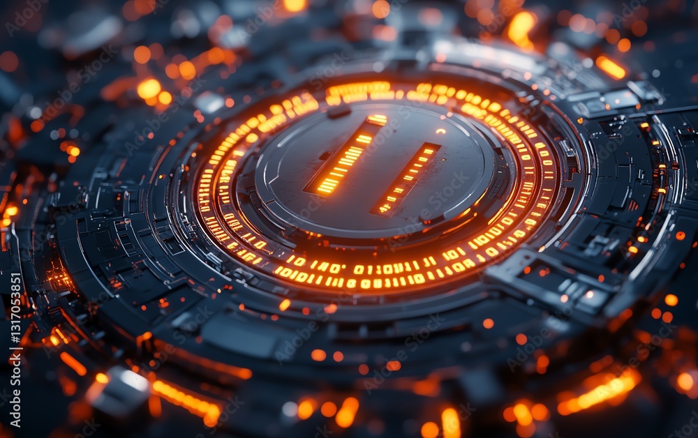 Poster futuristic metallic lock inside a digital shield, securing data streams with glowing binary code, vi