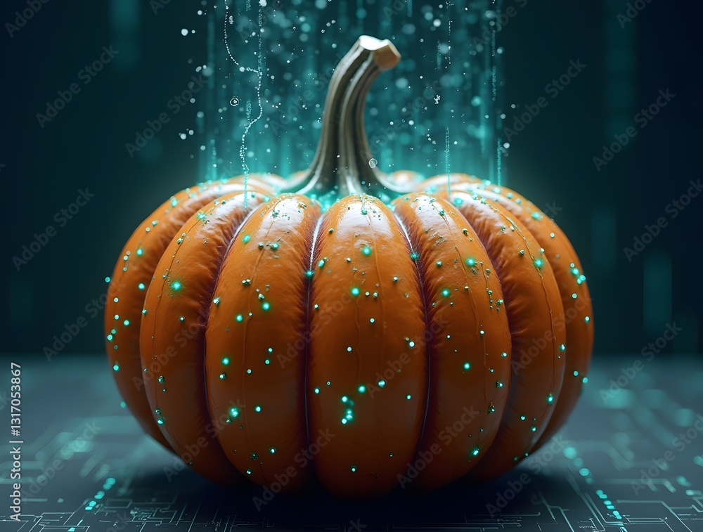 Poster  pumpkin illuminated with glowing digital particles floats above a circuit board, merging nature with technology in a surreal