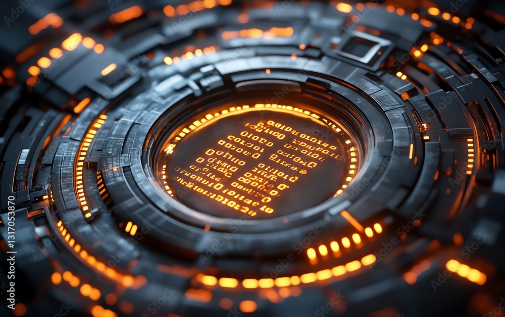 Poster futuristic metallic lock inside a digital shield, securing data streams with glowing binary code, vi