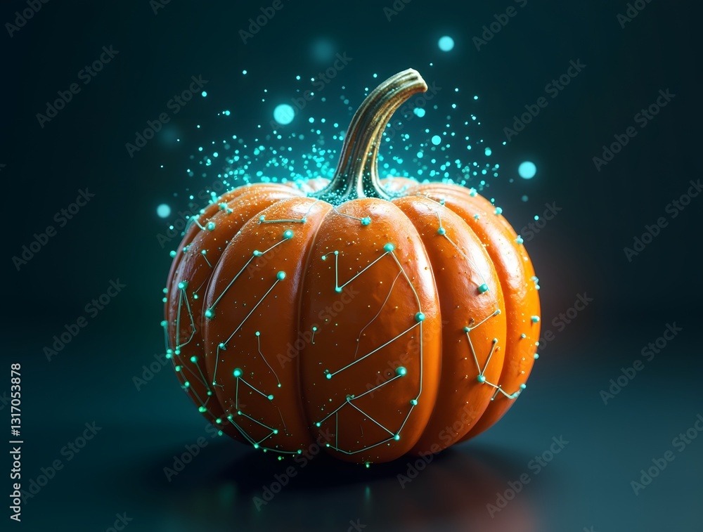 Poster pumpkin illuminated with glowing digital particles floats above a circuit board, merging nature with