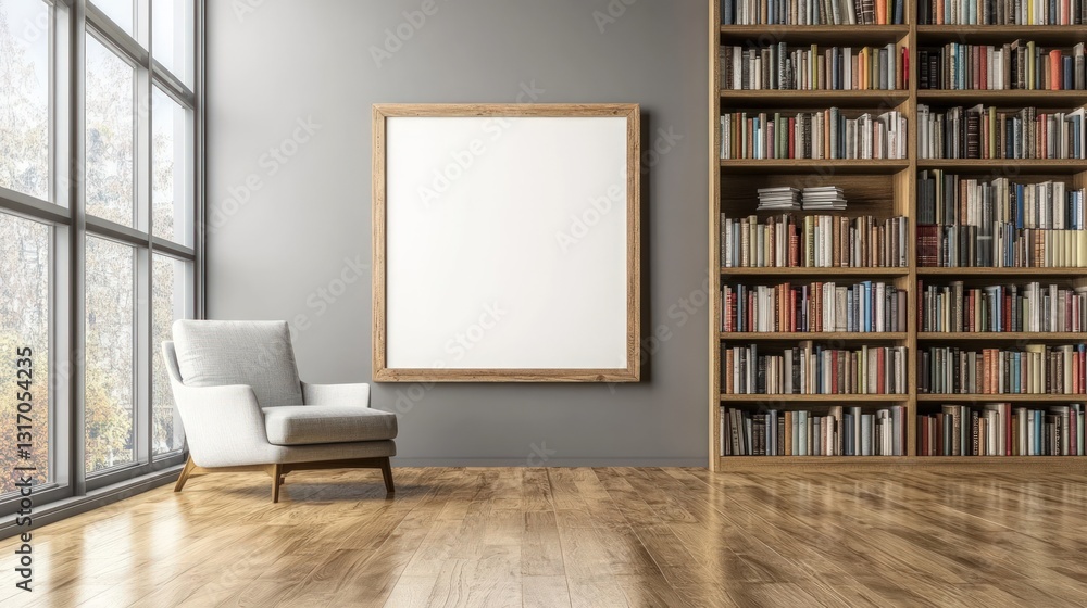 Poster cozy interior with a large empty picture frame between a large window and a bookshelf