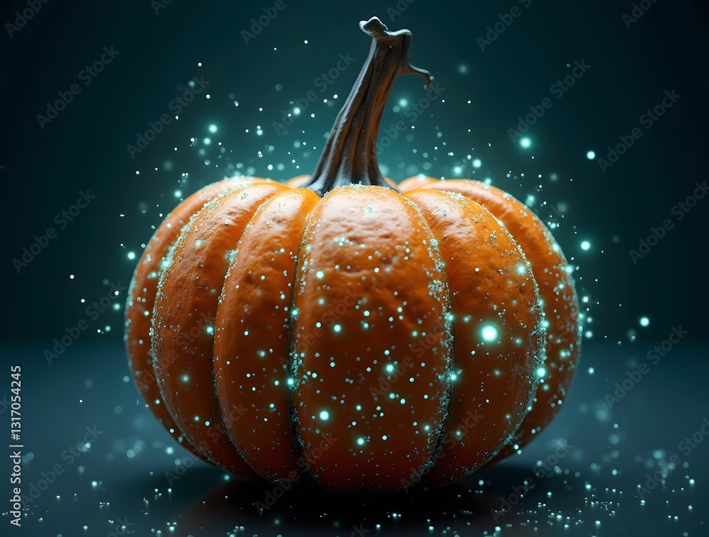 Poster  pumpkin illuminated with glowing digital particles floats above a circuit board, merging nature with technology in a surreal