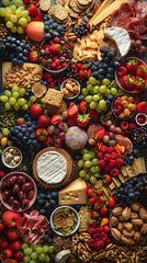 Top View of an Artfully Arranged Snack Tray Featuring Fresh Fruits, Gourmet Cheeses, Nuts, and Pastries in a Balanced Display