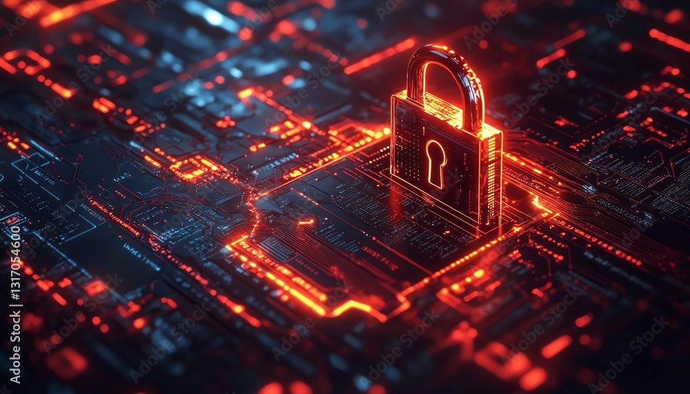 Poster metallic lock embedded in a glowing digital shield, safeguarding data streams and binary code, repre