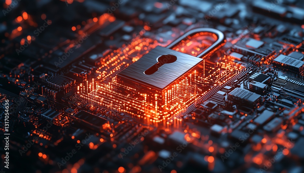 Poster metallic lock embedded in a glowing digital shield, safeguarding data streams and binary code, repre