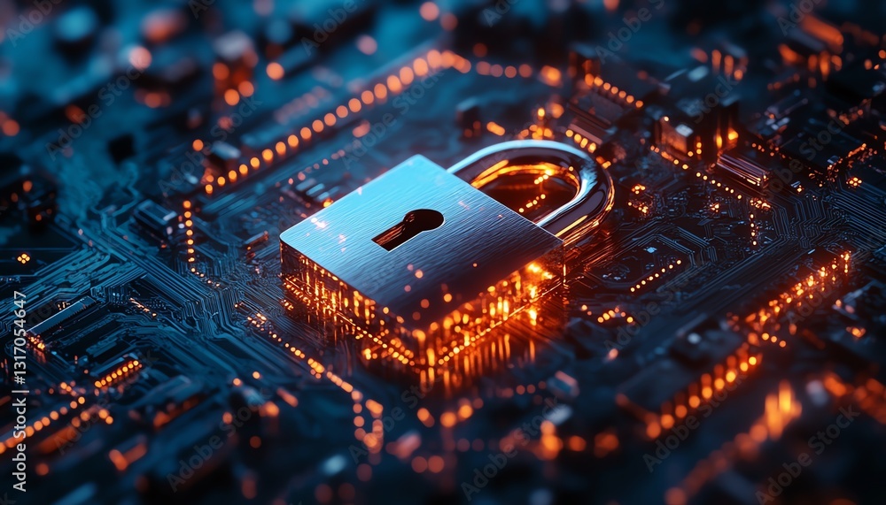Poster metallic lock embedded in a glowing digital shield, safeguarding data streams and binary code, repre