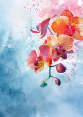 Beautiful Watercolor Rainbow Orchid on a Wintery Background with Empty Middle Space for Greeting Card Template