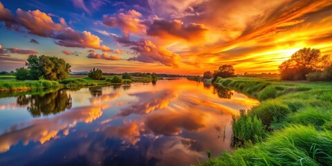 Obraz premium Golden hour paints the sky, a dramatic sunset mirrored in tranquil river waters.