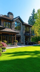 Fototapeta premium Luxurious stone house with manicured lawn and outdoor furniture on a sunny day in a residential area showcasing architectural design and landscape