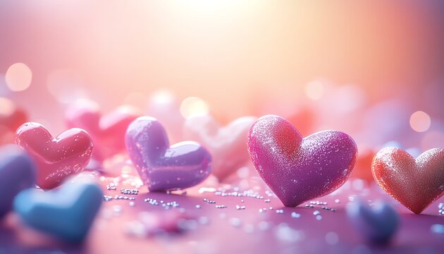 Romantic Valentines Day scene with multicolored hearts floating on a soft pink gradient, creating a warm, affectionate mood, dreamy ambiance, hyperrealistic, UHD quality