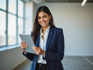 Fototapeta premium A portrait headshot photo of a professional CEO executive business worker: A woman holding a tablet in an office setting