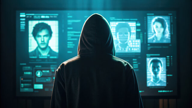 hacker silhouette stands before glowing screen displaying deepfake images, creating tense atmosphere of digital manipulation and surveillance