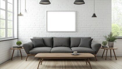 Living room interior with sofa wooden coffee table and white framed blank wall art modern decor