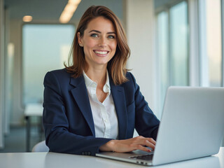 A portrait headshot photo of a professional CEO executive business worker: A woman is working at a desk in an office setting, using a laptop.