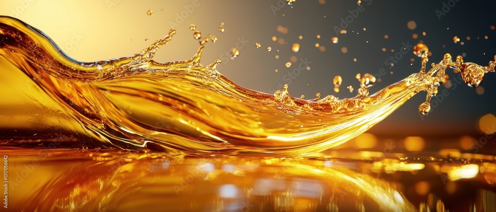 Poster dynamic golden liquid splash with droplets in motion against a gradient backdrop creating a captivat