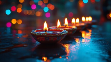 Aesthetic close-up of traditional diya lamps aligned beautifully, each painted with vivid colors, flames gently flickering, festive multicolor bokeh lights providing soft dreamy background,