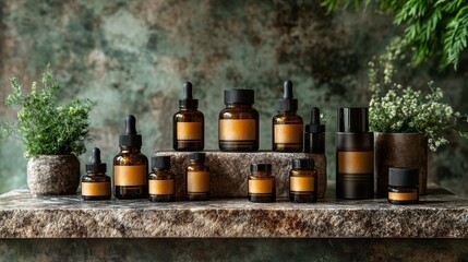Fototapeta premium Natural skincare display, stone shelf
