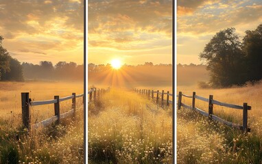 Three panels featuring a countryside spring morning, with dew-covered grass, a wooden