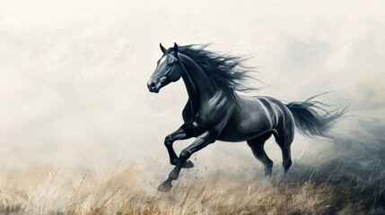 Powerful Black Horse Galloping Through Misty Grasslands