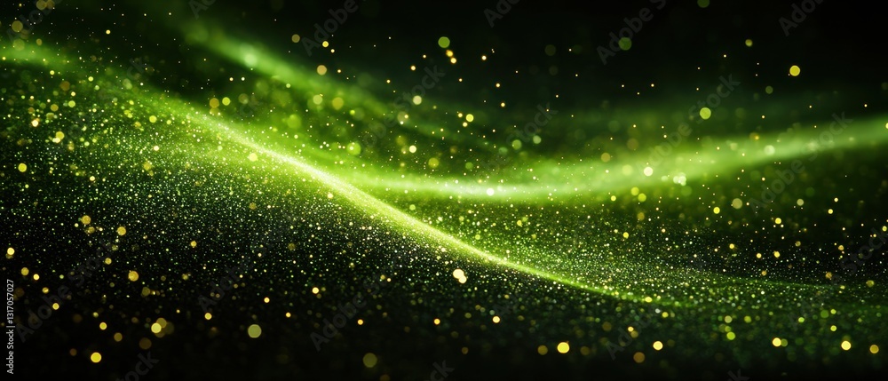 Poster luminous green wave of sparkling particles on a dark background creating an ethereal and magical eff
