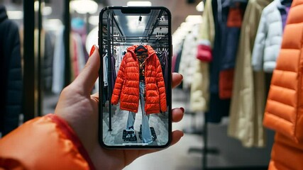 Augmented Reality Shopping: Woman using AR on mobile phone to virtually try on jacket