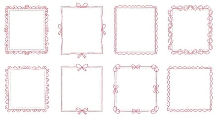 Decorative pink frames, vintage style borders, delicate line art, pastel illustration, romantic design elements, scrapbook embellishments, hand-drawn doodles, whimsical frames, soft color palette